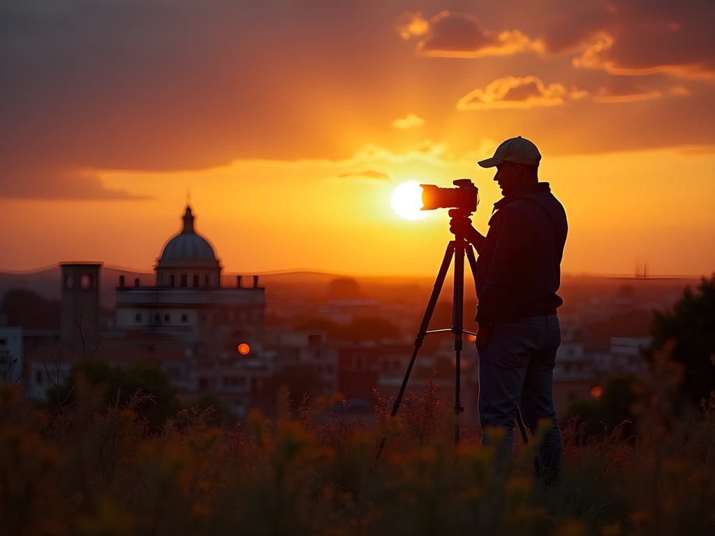Photographer capturing sunset over Yamoussoukro cityscape with basilica dome visible