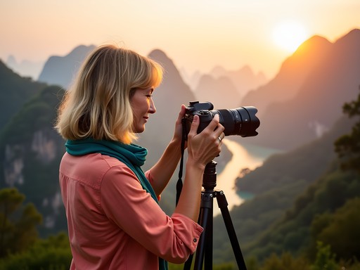 Female photographer capturing sunrise over karst mountains from Xianggong Hill viewpoint