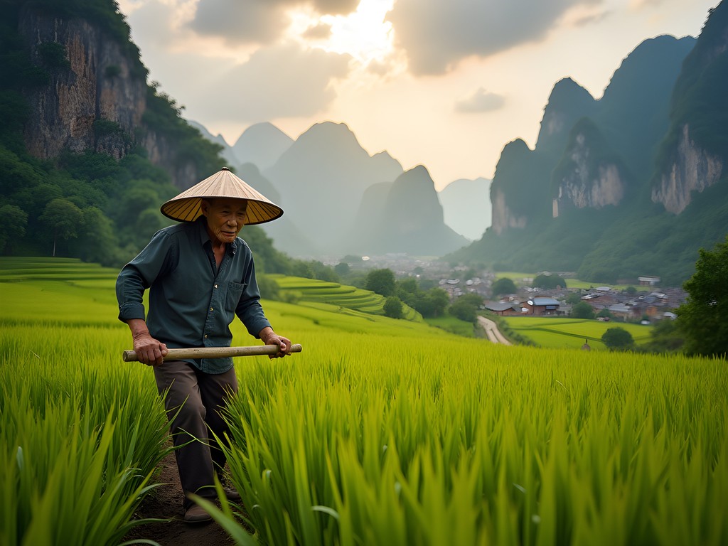Farmer working in terraced rice fields with karst mountains in background near Yangshuo