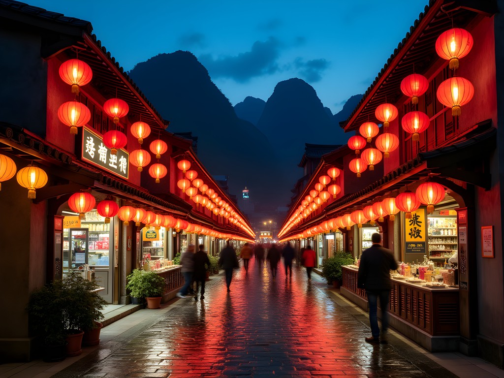 Colorful lanterns illuminating traditional buildings on West Street in Yangshuo at night