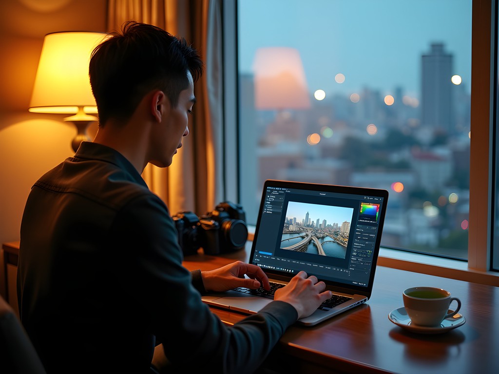Nicholas Roberts editing Yokohama cityscape photos on laptop in hotel room