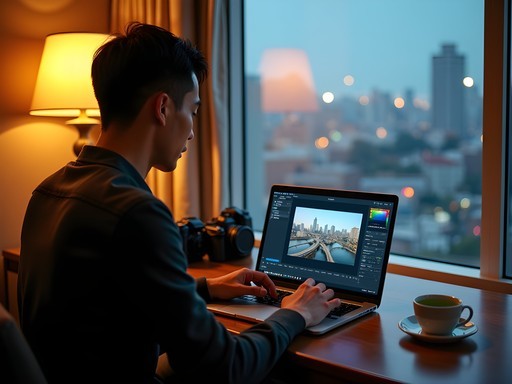 Nicholas Roberts editing Yokohama cityscape photos on laptop in hotel room