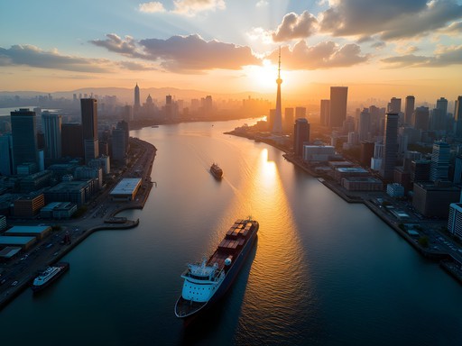 Aerial drone photo of Yokohama harbor and skyline at sunrise