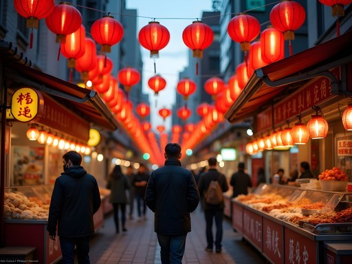 Illuminated red lanterns in Yokohama Chinatown at dusk with street vendors