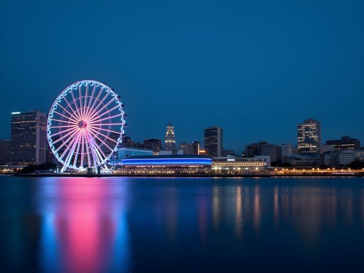 Yokohama Cosmo Clock 21 Ferris wheel illuminated during blue hour with city reflections