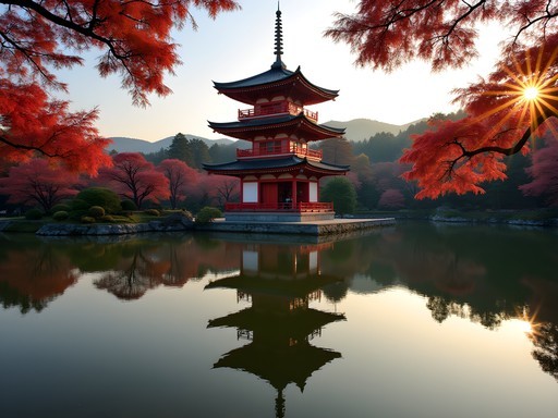 Historic three-story pagoda reflected in pond at Sankeien Garden, Yokohama