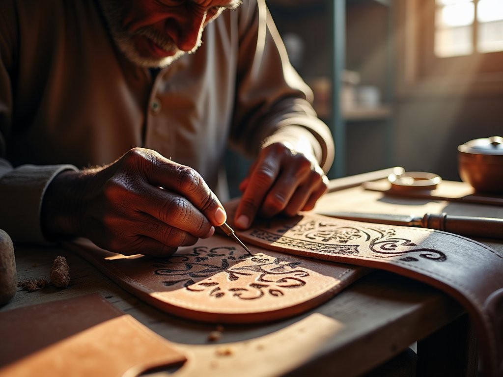 Chadian leather craftsman working on traditional saddle bag in Abéché market