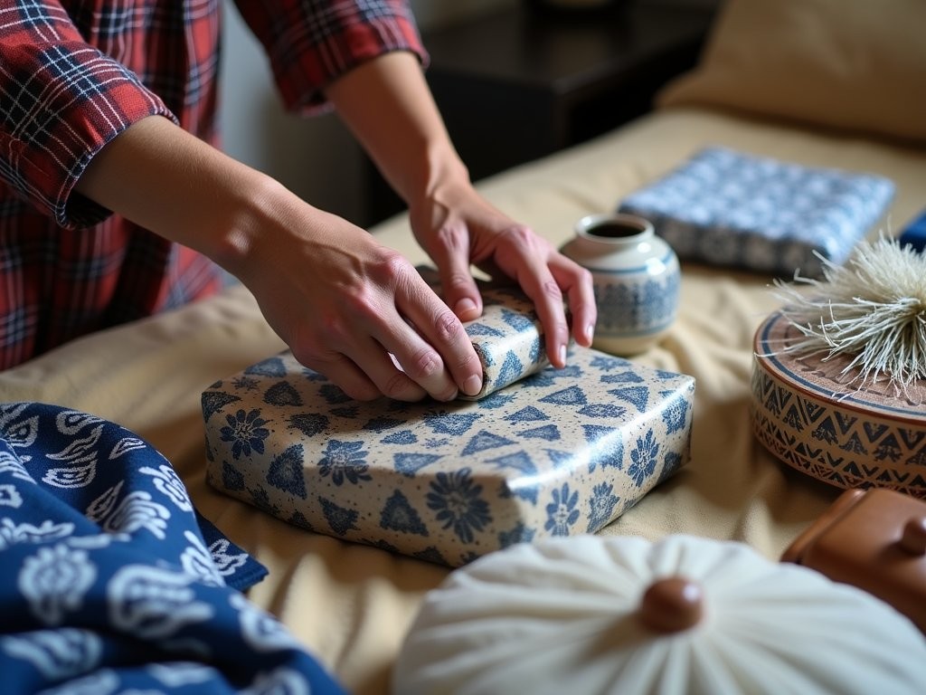 Carefully wrapping and packing market purchases for safe transport