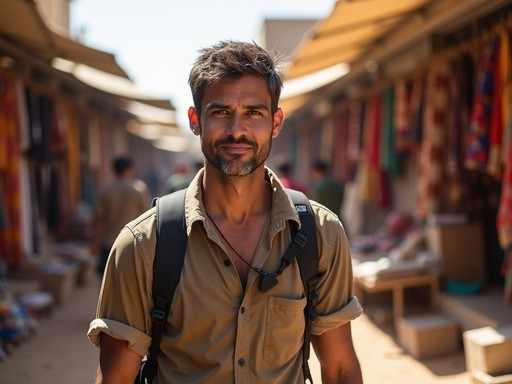 Taylor Hunter navigating through narrow pathways of Abéché market