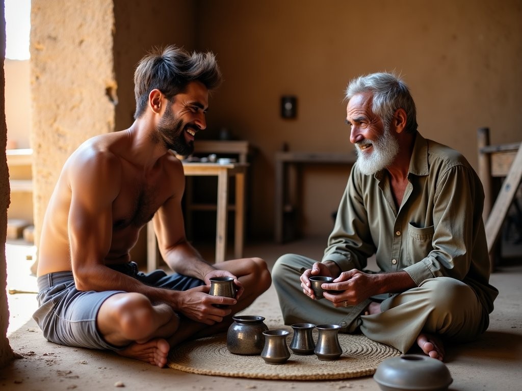 Taylor Hunter sharing tea with Chadian silversmith in traditional workshop