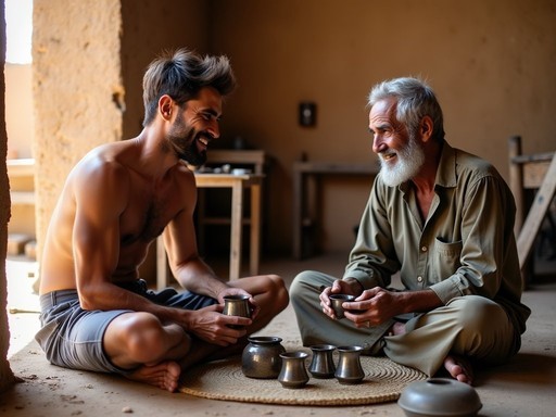 Taylor Hunter sharing tea with Chadian silversmith in traditional workshop