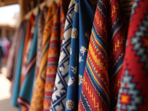 Colorful array of handwoven Chadian textiles displayed in Abéché market