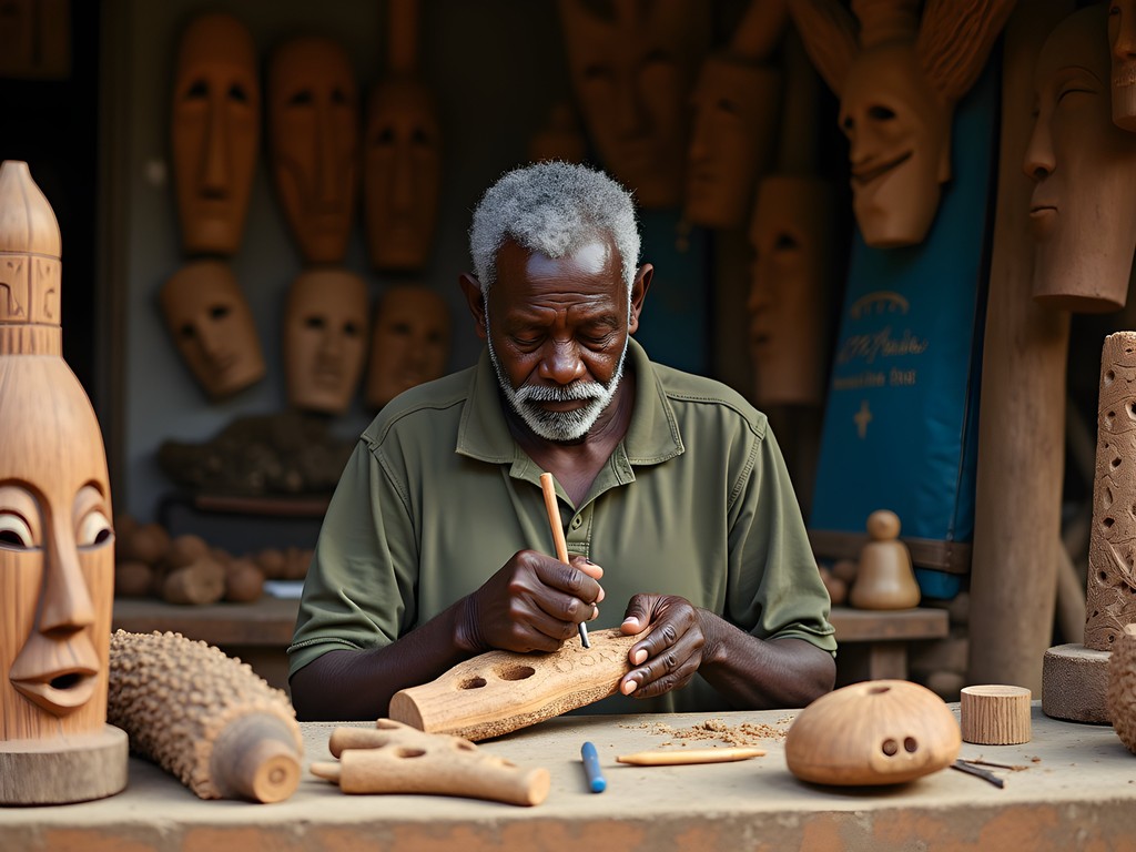 Woodcarving artisans at work in Accra's Arts Centre Market