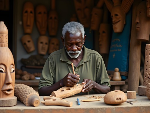 Woodcarving artisans at work in Accra's Arts Centre Market