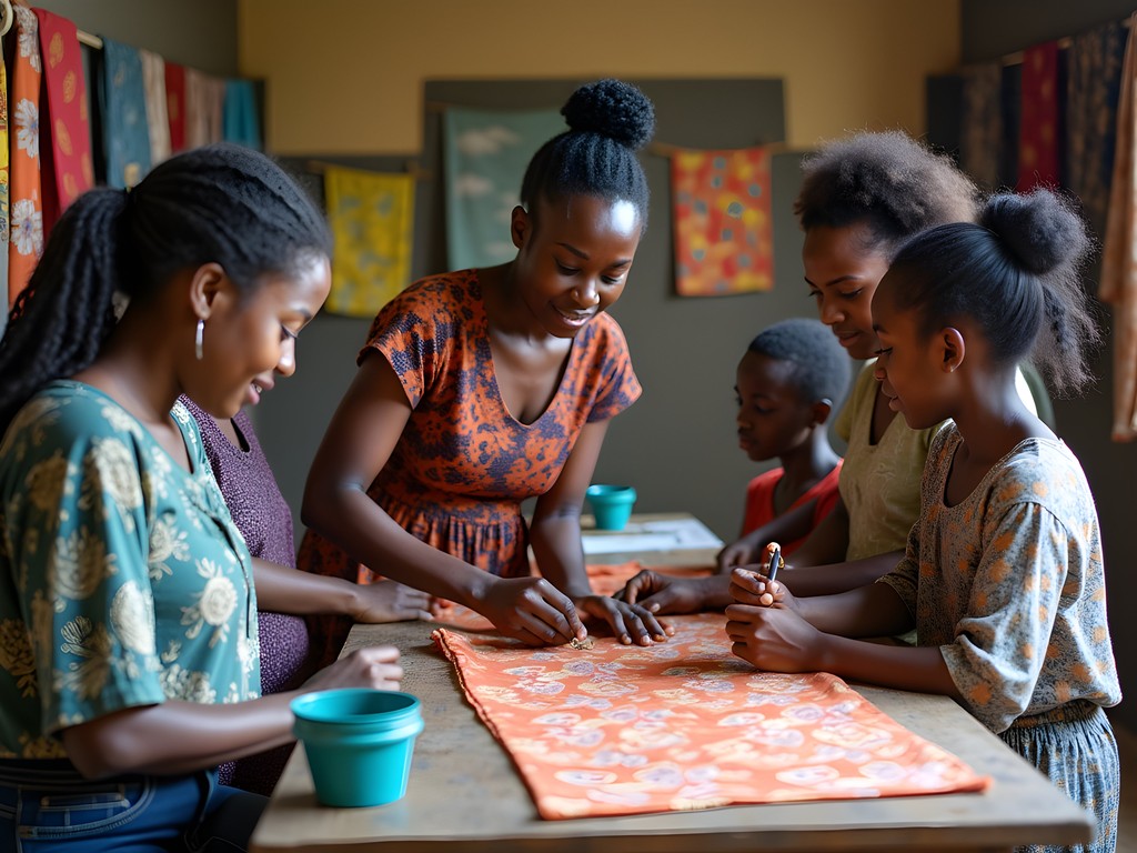 Family participating in batik textile workshop in Accra