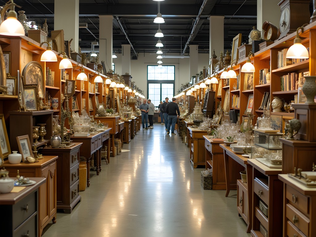 Diverse collection of vintage items displayed in vendor booths at Akron Antique Mall