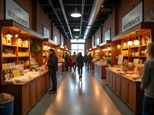 Interior of Northside Marketplace showing multiple artisan vendor booths and shoppers browsing handcrafted goods