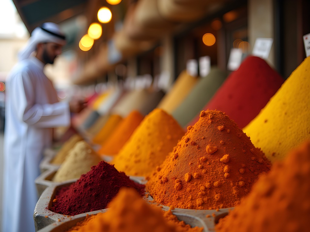Colorful spice displays at Al Khor Souq with traditional vendor