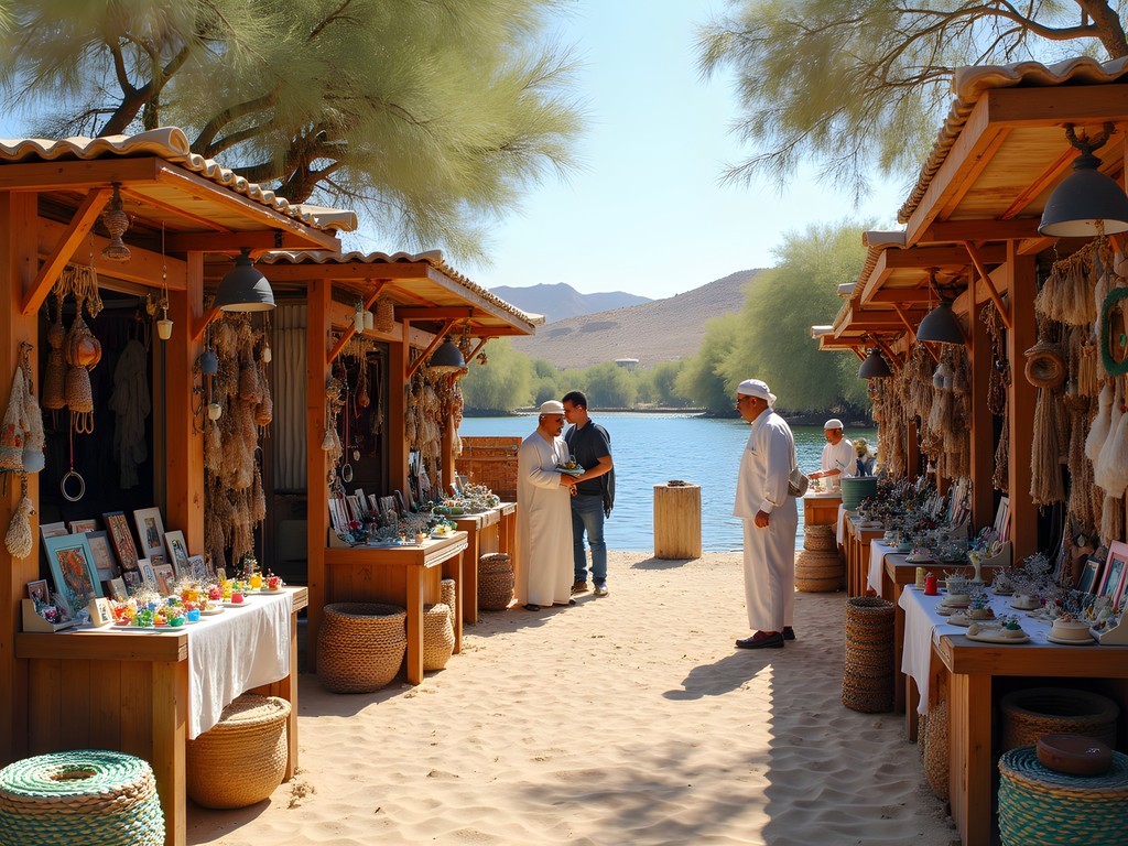 Artisan market with handmade crafts set among the mangroves of Purple Island near Al Khor