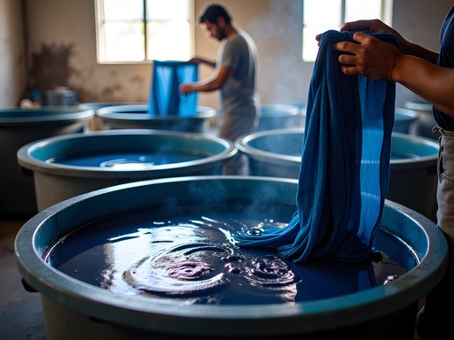 Natural dyeing process at Luna Zorro studio showing indigo-dyed textiles