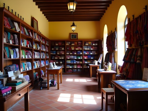 Interior of Nim Po't center showing organized displays of fair trade Guatemalan textiles and crafts