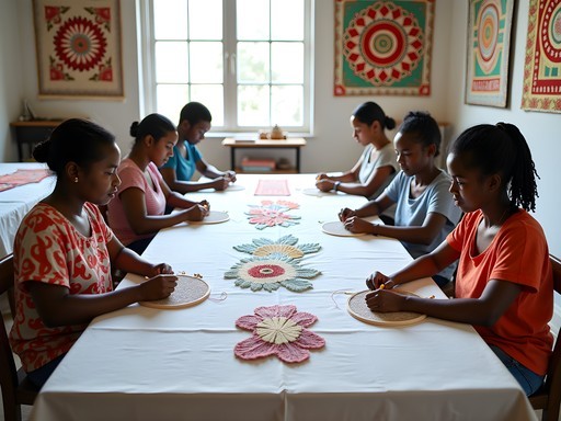 Women's embroidery collective in Antsirabe with artisans creating intricate Malagasy scene-scapes on cotton