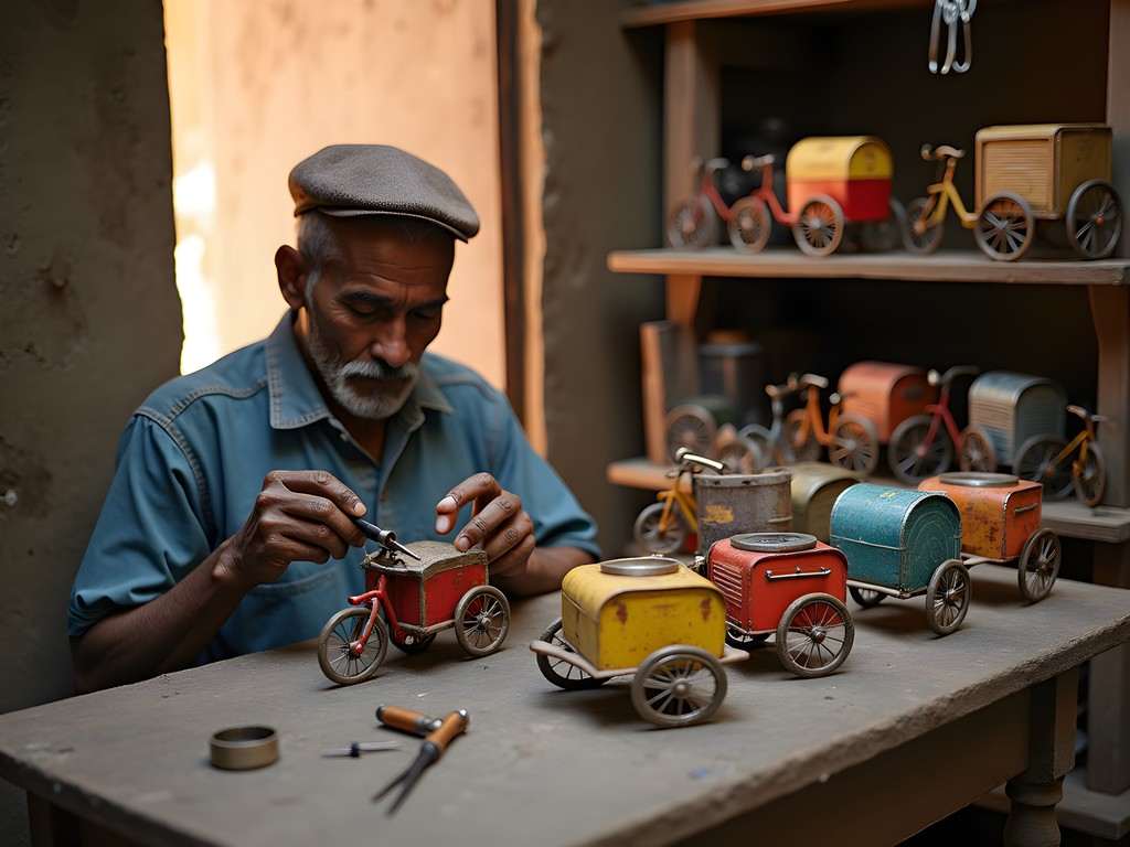 Malagasy artisan creating miniature metal bicycles from recycled materials in Antsirabe workshop