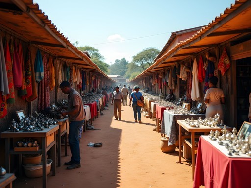 Busy Sabotsy Market in Antsirabe with colorful craft stalls and local artisans selling handmade goods