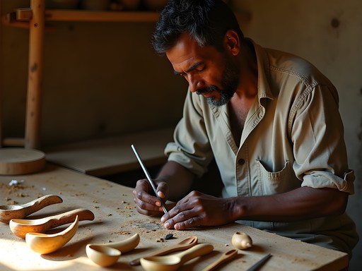 Malagasy artisan carving intricate patterns into zebu horn in traditional Antsirabe workshop