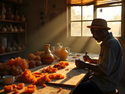 Artisan crafting amber jewelry in traditional workshop near Ramena Beach