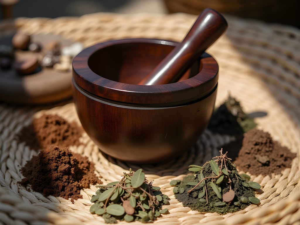Traditional wooden mortar and pestle with medicinal herbs in Antsiranana market