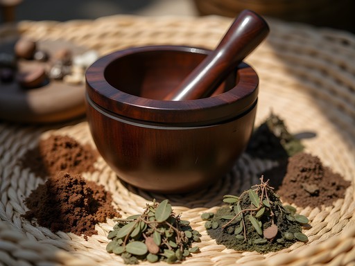 Traditional wooden mortar and pestle with medicinal herbs in Antsiranana market