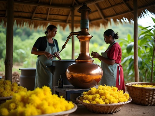 Traditional ylang-ylang essential oil distillation process in Nosy Be