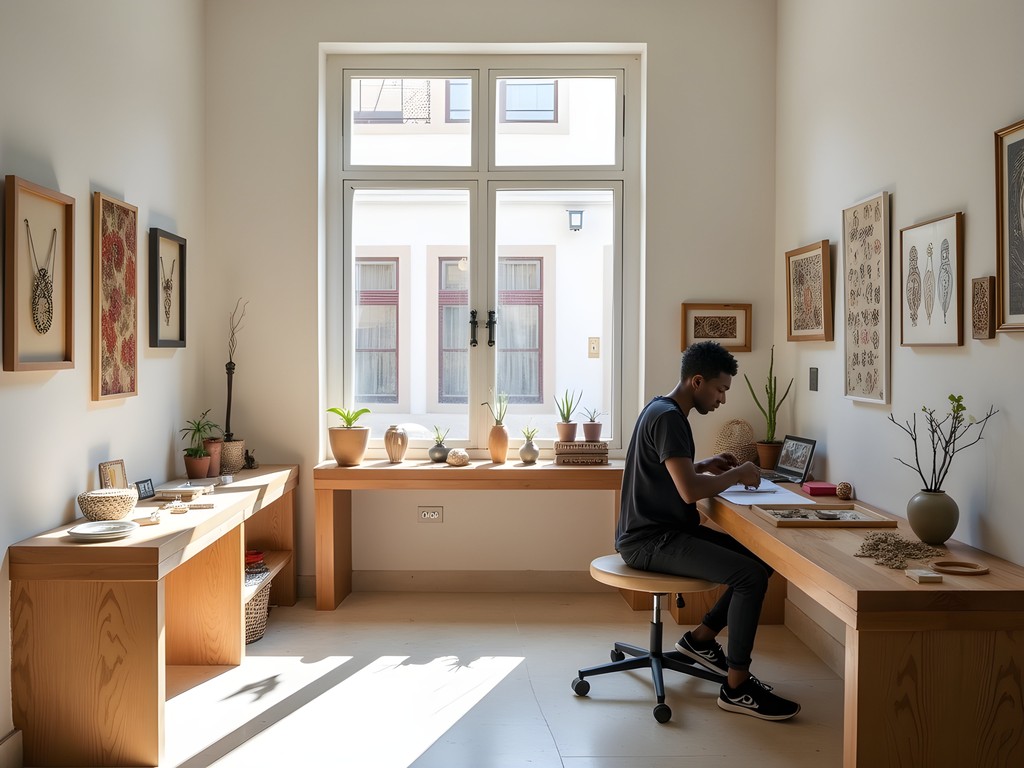 Modern design studio in Asmara showcasing contemporary Eritrean jewelry and home accessories
