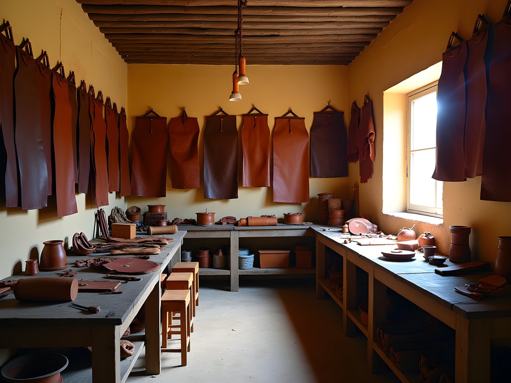 Traditional leather workshop in Godaif district showing artisan tools and materials