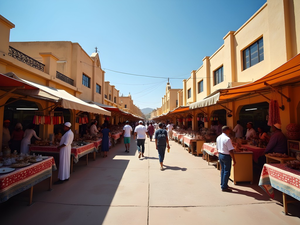 Panoramic view of Asmara's bustling Medebar Market with Art Deco buildings in background