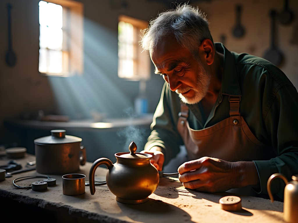 Eritrean metalworker crafting traditional coffee set in Medebar Market workshop