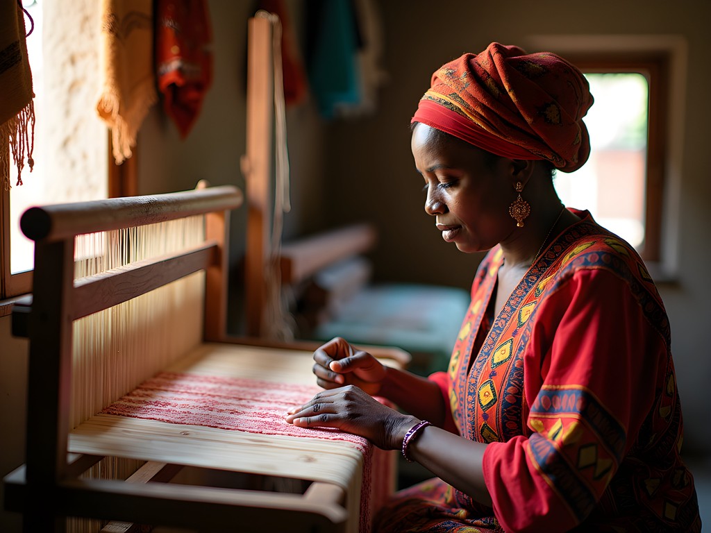 Eritrean woman demonstrating traditional weaving techniques on wooden loom in Asmara
