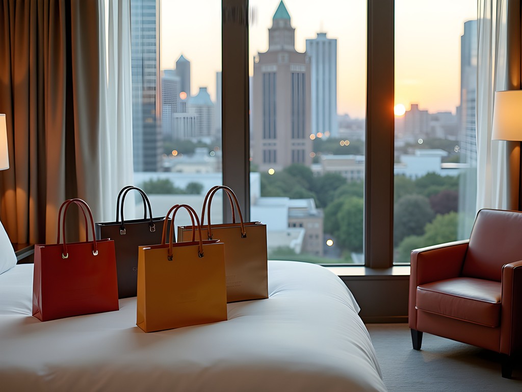 Luxury hotel room with shopping bags from Atlanta's premium retailers