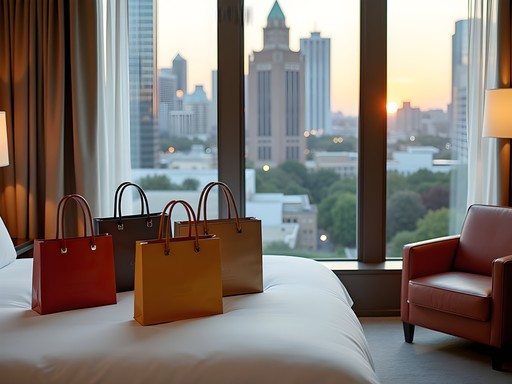 Luxury hotel room with shopping bags from Atlanta's premium retailers