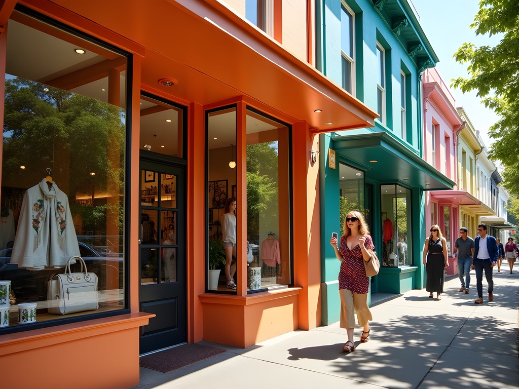 Colorful boutique storefronts along Ponsonby Road with shoppers browsing unique designer items