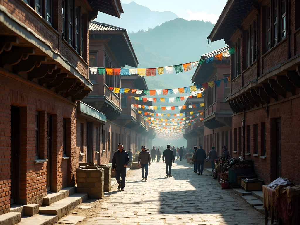 Historic Bandipur bazaar with traditional Newari architecture in morning light