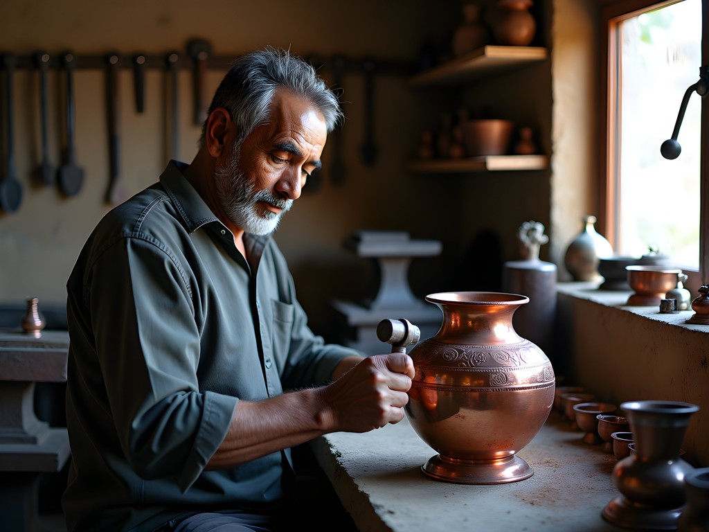 Nepali copper artisan creating traditional metal craft in Bandipur workshop