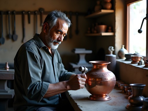 Nepali copper artisan creating traditional metal craft in Bandipur workshop