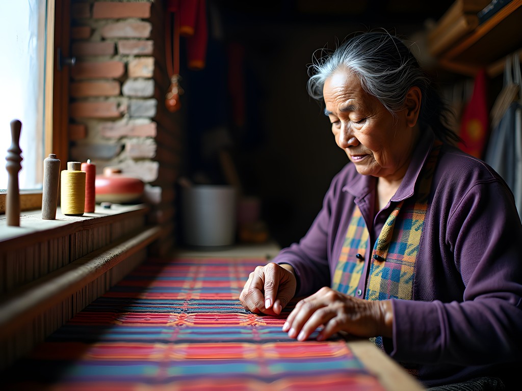 Nepali woman weaving traditional dhaka textile on backstrap loom in Bandipur