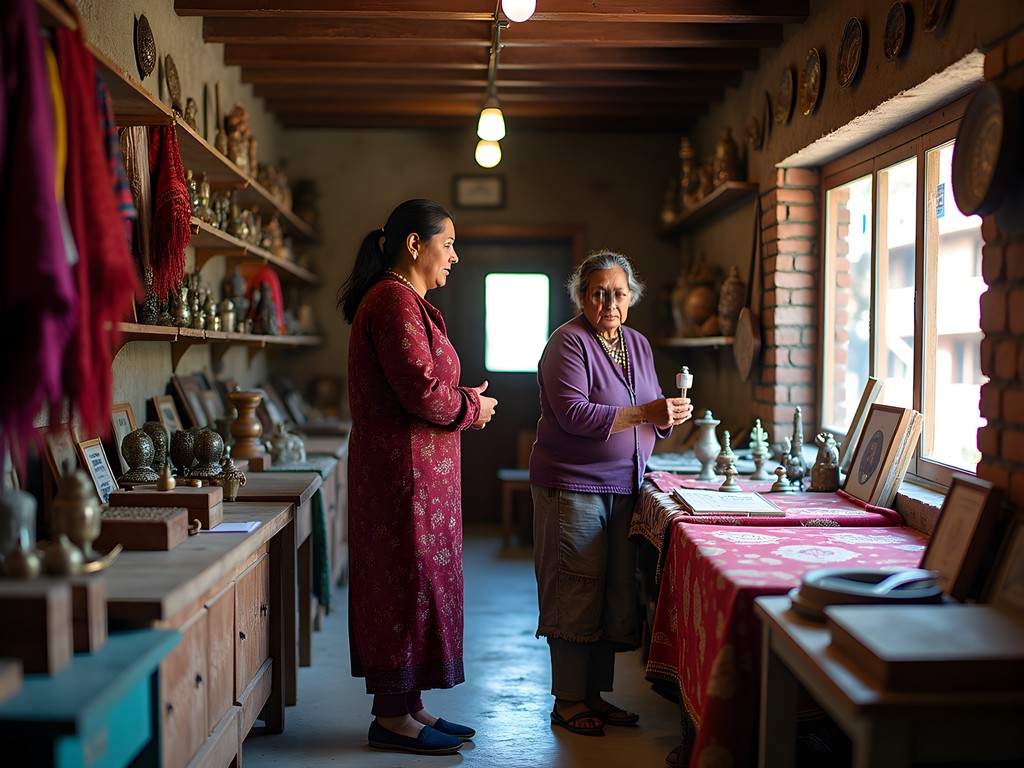 Woman examining fair trade textiles at Bandipur Social Enterprise Collective
