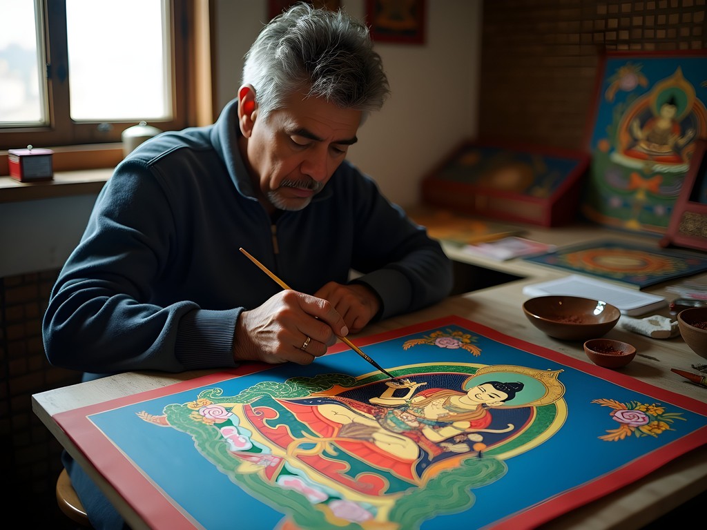 Nepali artist painting traditional Buddhist thangka in Bandipur studio