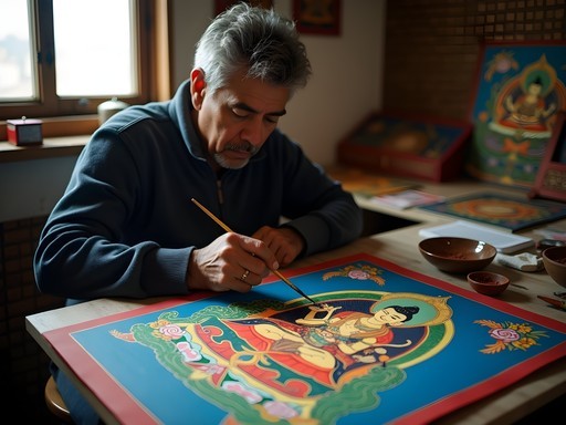 Nepali artist painting traditional Buddhist thangka in Bandipur studio