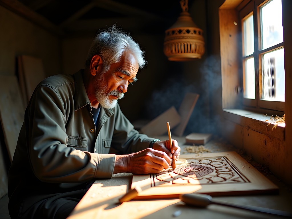Traditional Nepali woodcarver working on intricate design in Bandipur workshop