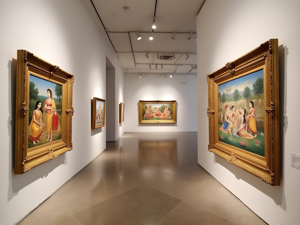 Art gallery at Karnataka Chitrakala Parishath displaying traditional Indian paintings
